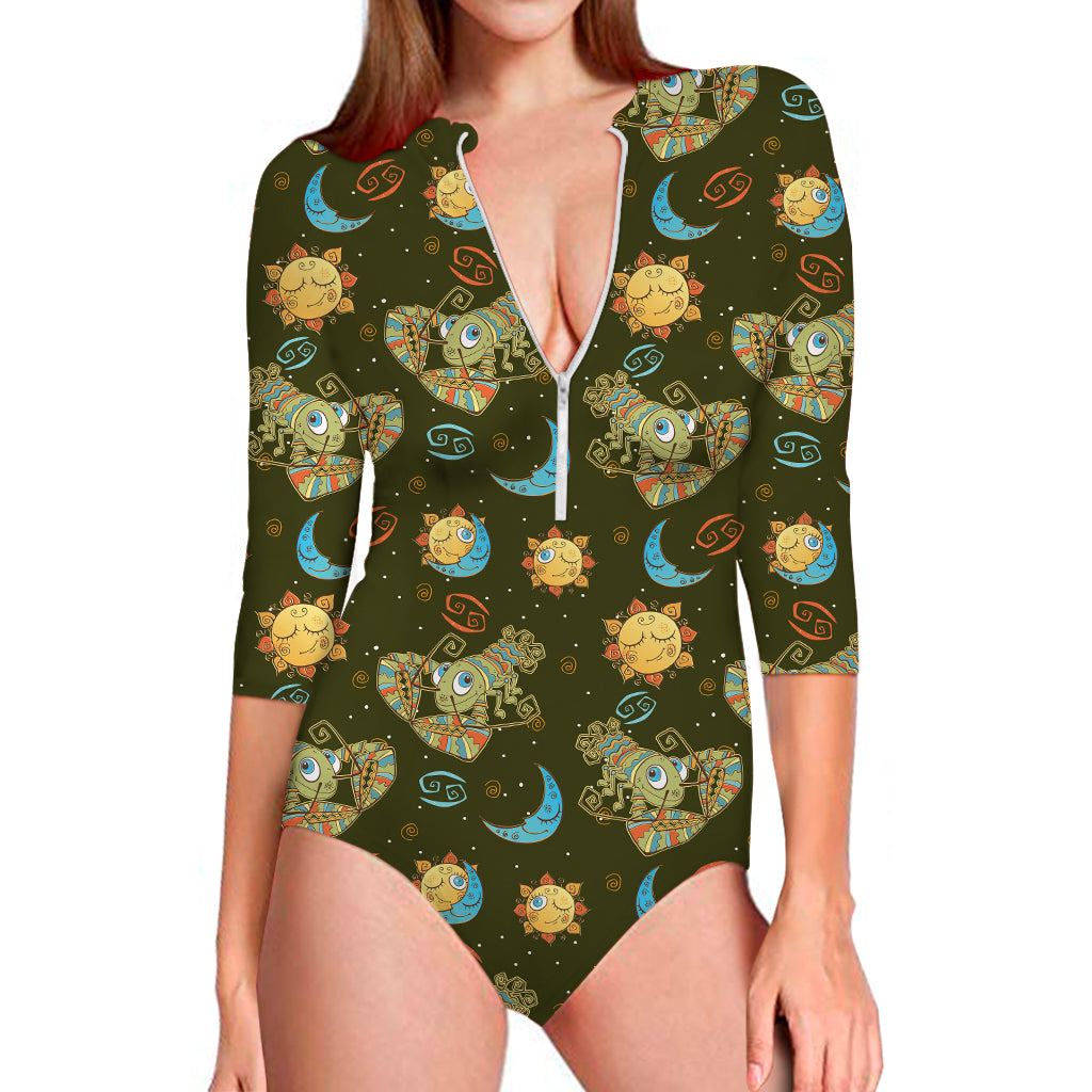 Cute Cartoon Cancer Pattern Print Long Sleeve Swimsuit