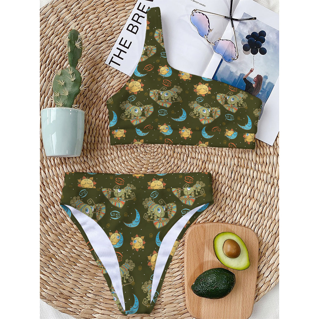 Cute Cartoon Cancer Pattern Print One Shoulder Bikini Top