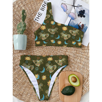 Cute Cartoon Cancer Pattern Print One Shoulder Bikini Top