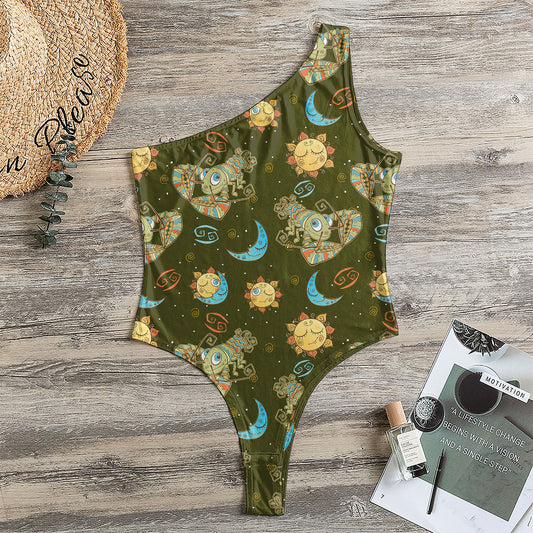 Cute Cartoon Cancer Pattern Print One Shoulder Bodysuit