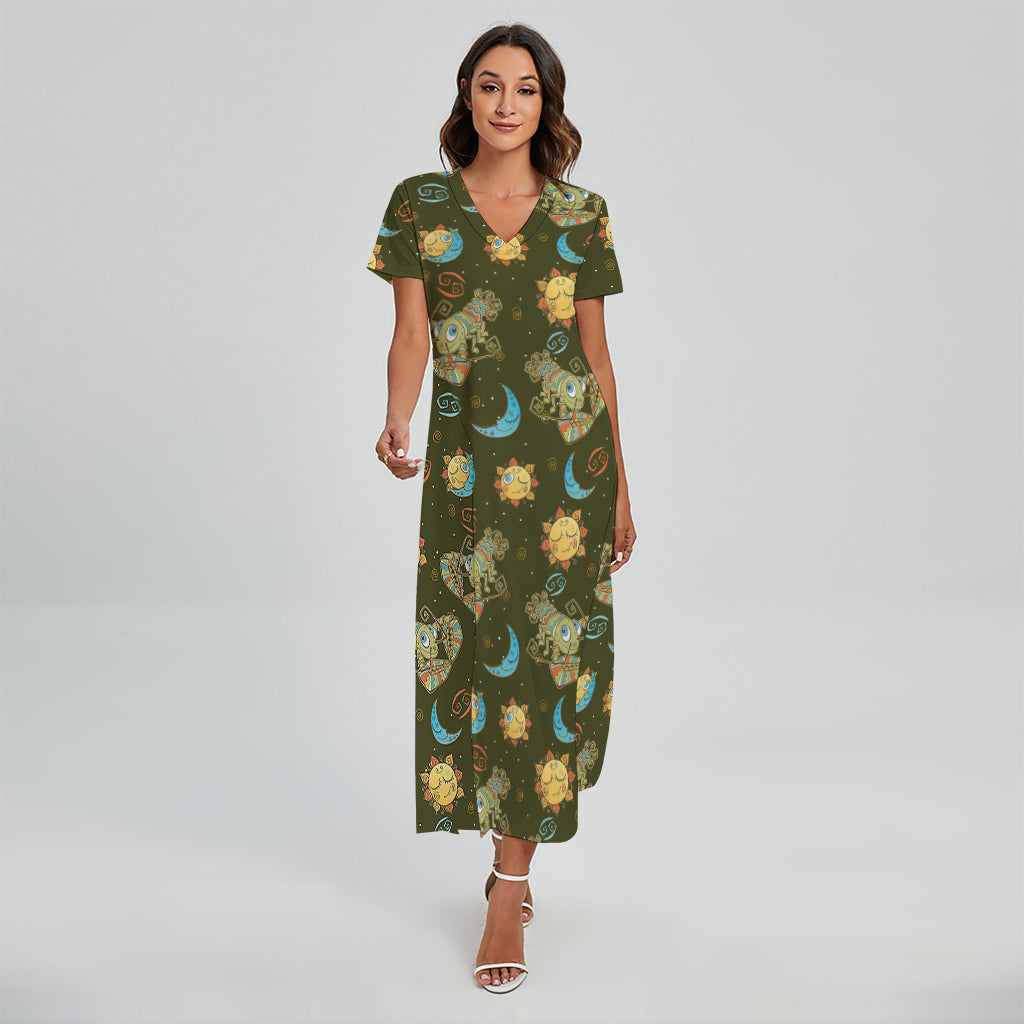 Cute Cartoon Cancer Pattern Print Short Sleeve Maxi Dress