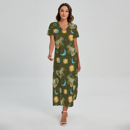 Cute Cartoon Cancer Pattern Print Short Sleeve Maxi Dress