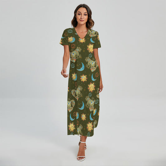 Cute Cartoon Cancer Pattern Print Short Sleeve Maxi Dress