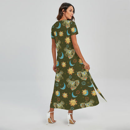 Cute Cartoon Cancer Pattern Print Short Sleeve Maxi Dress