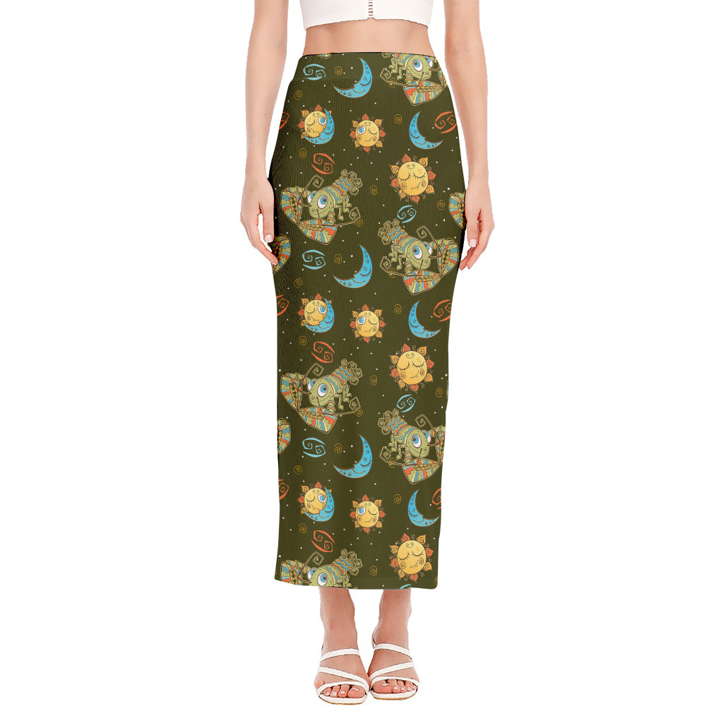 Cute Cartoon Cancer Pattern Print Side Slit Maxi Skirt