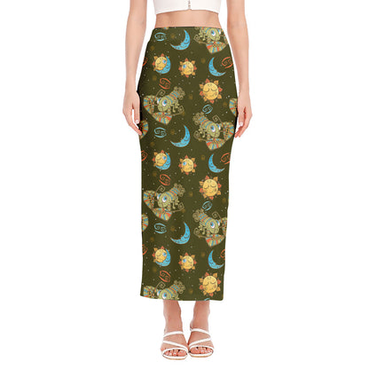 Cute Cartoon Cancer Pattern Print Side Slit Maxi Skirt