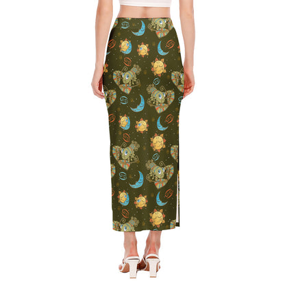 Cute Cartoon Cancer Pattern Print Side Slit Maxi Skirt