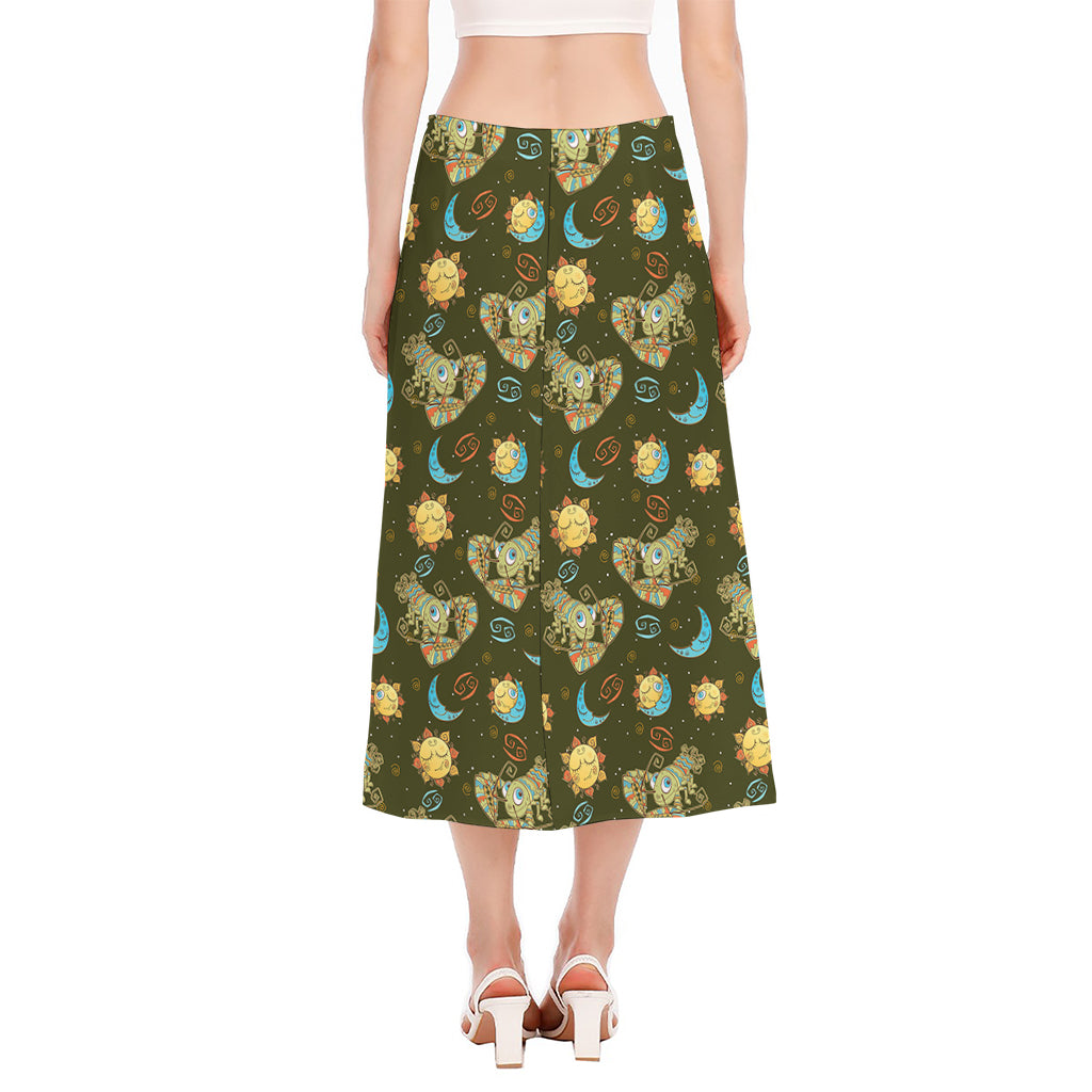 Cute Cartoon Cancer Pattern Print Side Slit Midi Skirt