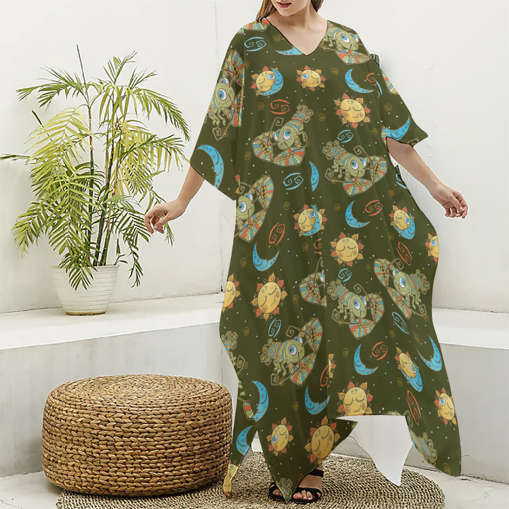Cute Cartoon Cancer Pattern Print Silk V-Neck Kaftan Dress
