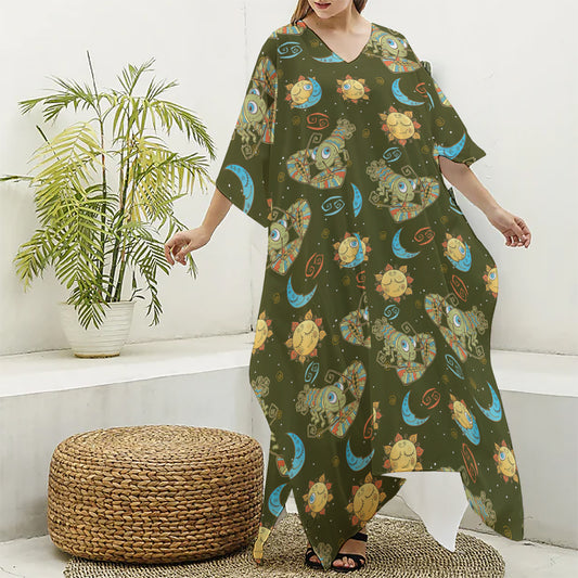 Cute Cartoon Cancer Pattern Print Silk V-Neck Kaftan Dress