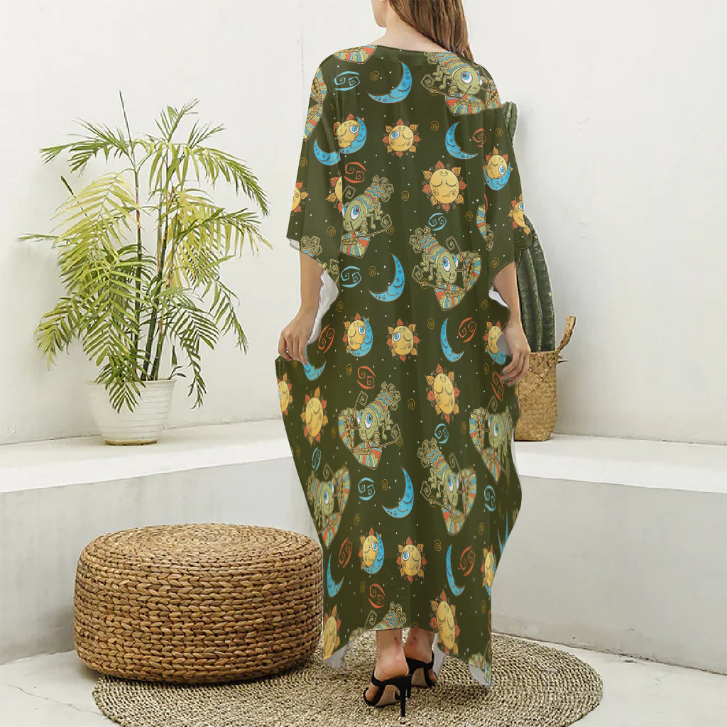 Cute Cartoon Cancer Pattern Print Silk V-Neck Kaftan Dress