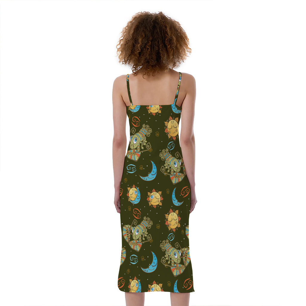 Cute Cartoon Cancer Pattern Print Slim Fit Midi Cami Dress