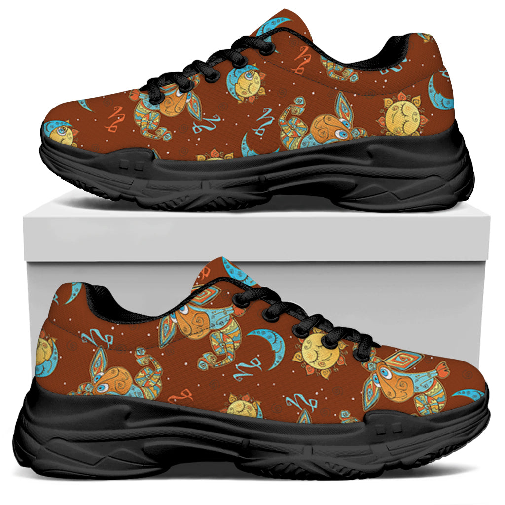 Cute Cartoon Capricorn Pattern Print Black Chunky Shoes