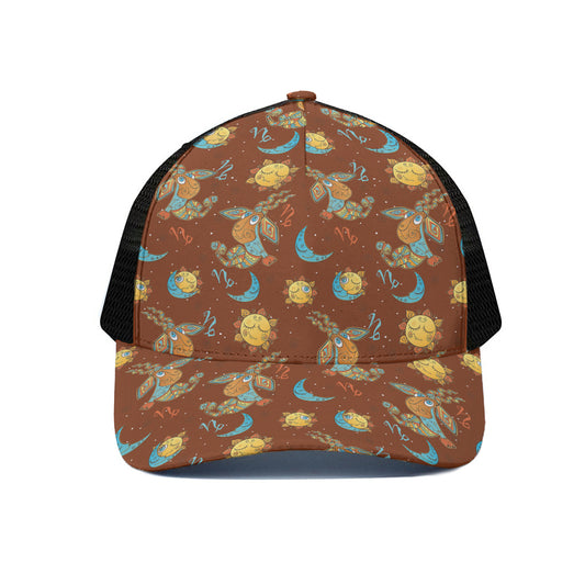 Cute Cartoon Capricorn Pattern Print Black Mesh Trucker Cap