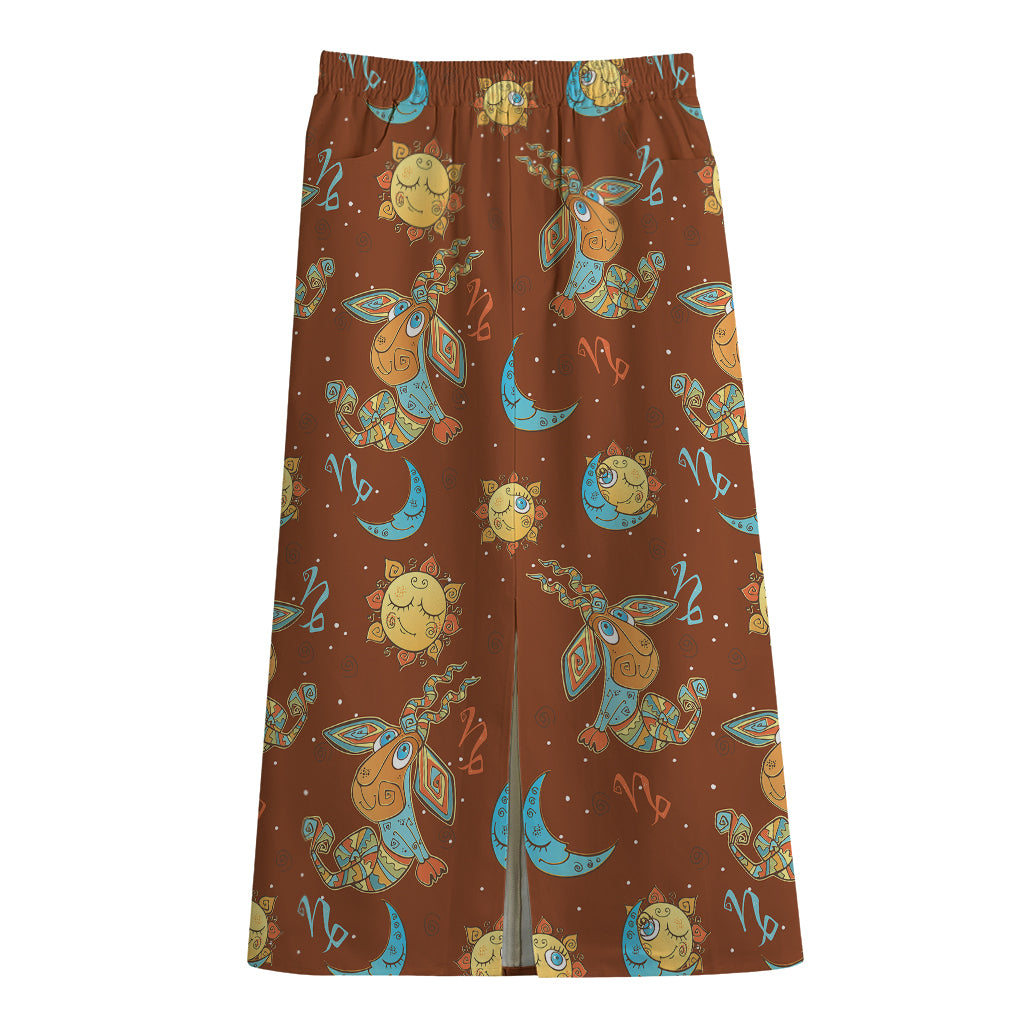 Cute Cartoon Capricorn Pattern Print Cotton Front Slit Maxi Skirt