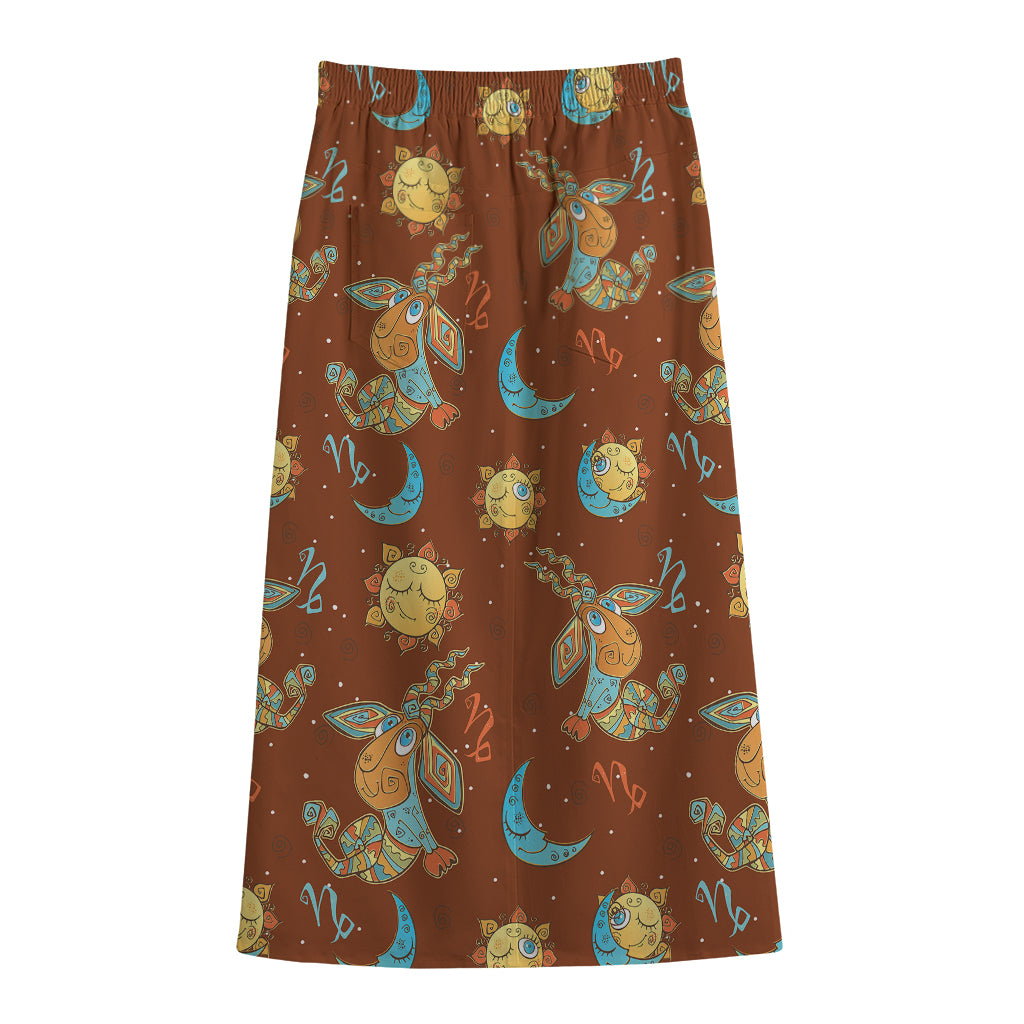 Cute Cartoon Capricorn Pattern Print Cotton Front Slit Maxi Skirt