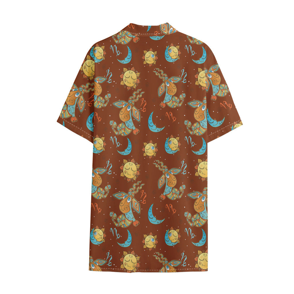 Cute Cartoon Capricorn Pattern Print Cotton Hawaiian Shirt