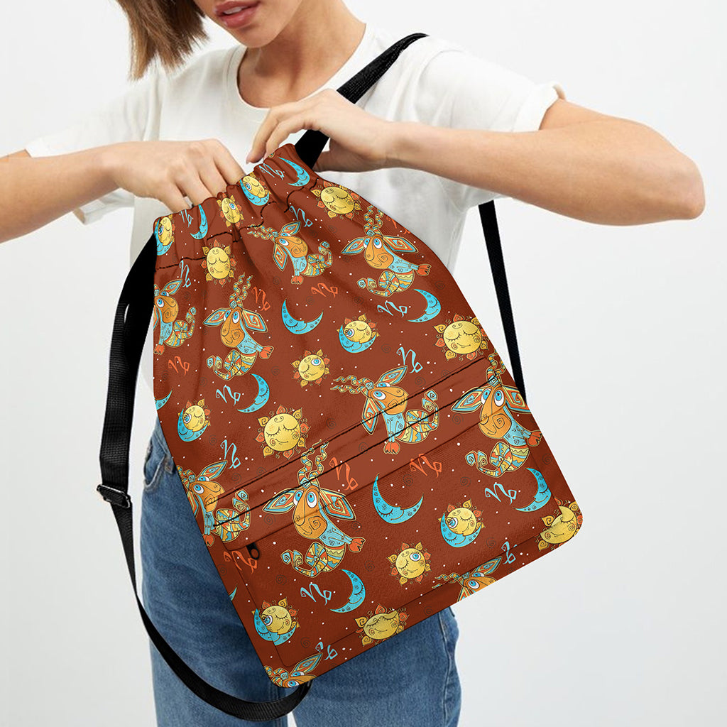 Cute Cartoon Capricorn Pattern Print Drawstring Backpack