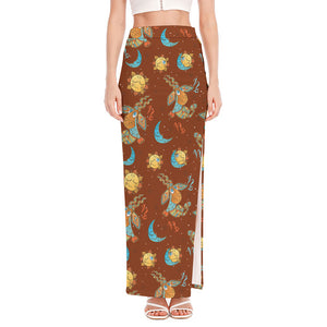 Cute Cartoon Capricorn Pattern Print High Slit Maxi Skirt