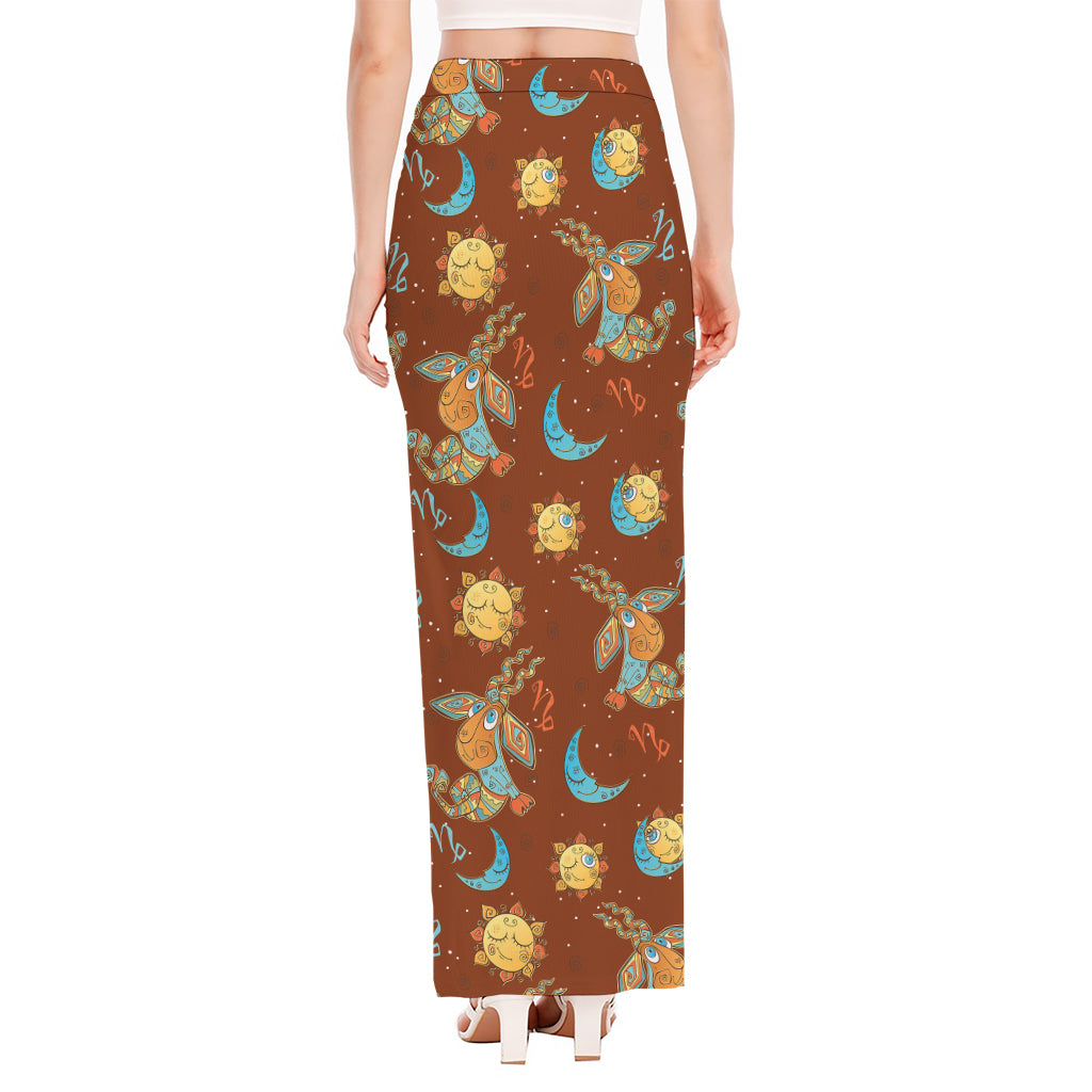 Cute Cartoon Capricorn Pattern Print High Slit Maxi Skirt