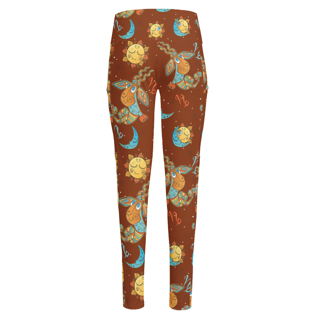 Cute Cartoon Capricorn Pattern Print High-Waisted Pocket Leggings