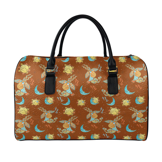 Cute Cartoon Capricorn Pattern Print Leather Duffle Bag