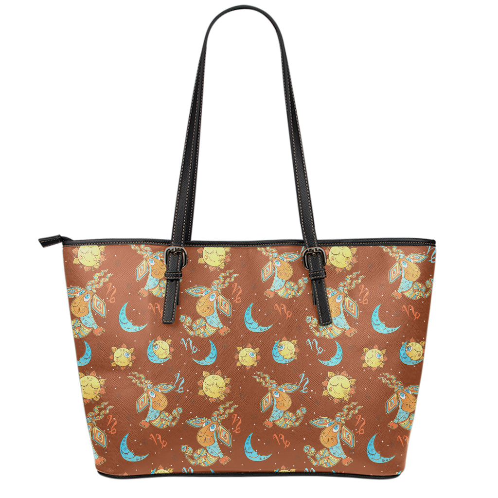 Cute Cartoon Capricorn Pattern Print Leather Tote Bag