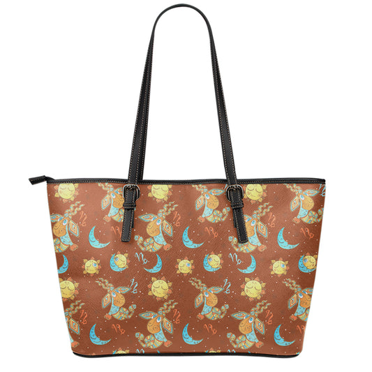 Cute Cartoon Capricorn Pattern Print Leather Tote Bag