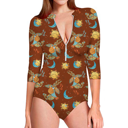 Cute Cartoon Capricorn Pattern Print Long Sleeve Swimsuit