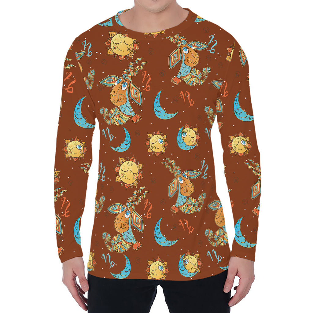 Cute Cartoon Capricorn Pattern Print Men's Long Sleeve T-Shirt