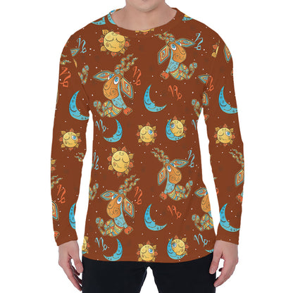 Cute Cartoon Capricorn Pattern Print Men's Long Sleeve T-Shirt