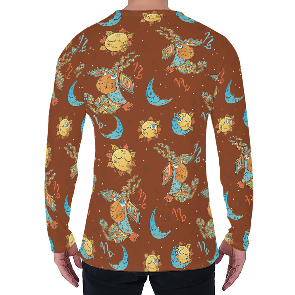 Cute Cartoon Capricorn Pattern Print Men's Long Sleeve T-Shirt
