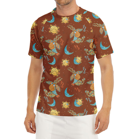 Cute Cartoon Capricorn Pattern Print Men's Short Sleeve Rash Guard