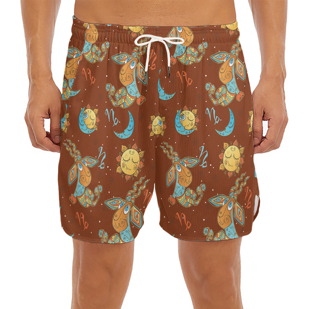 Cute Cartoon Capricorn Pattern Print Men's Split Running Shorts