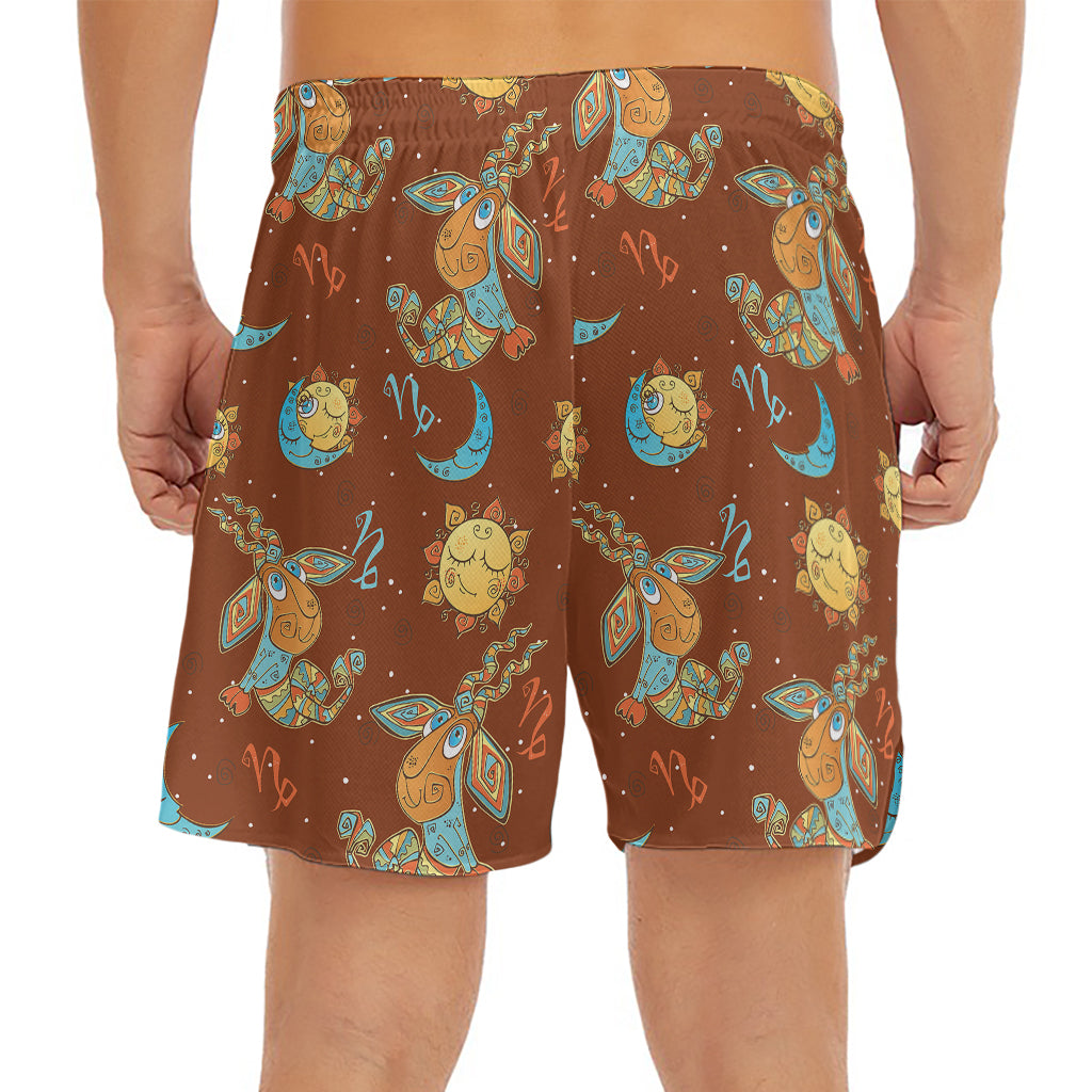 Cute Cartoon Capricorn Pattern Print Men's Split Running Shorts