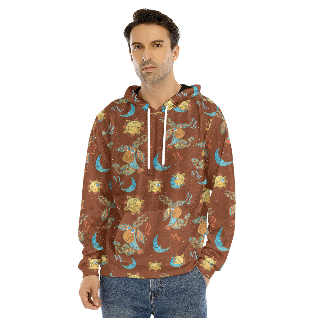 Cute Cartoon Capricorn Pattern Print Men's Velvet Pullover Hoodie