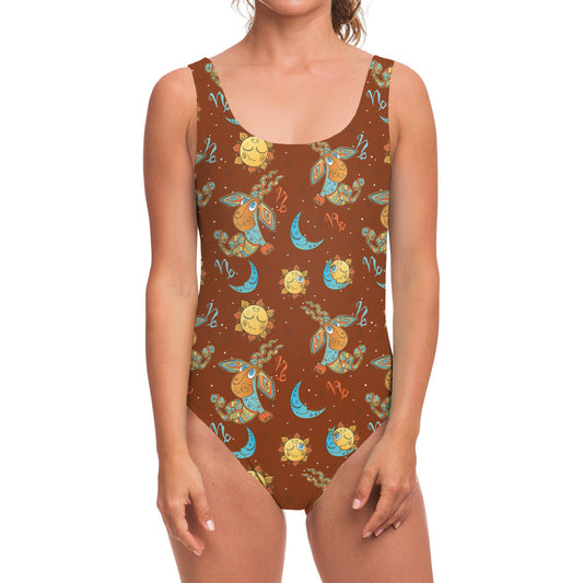 Cute Cartoon Capricorn Pattern Print One Piece Swimsuit
