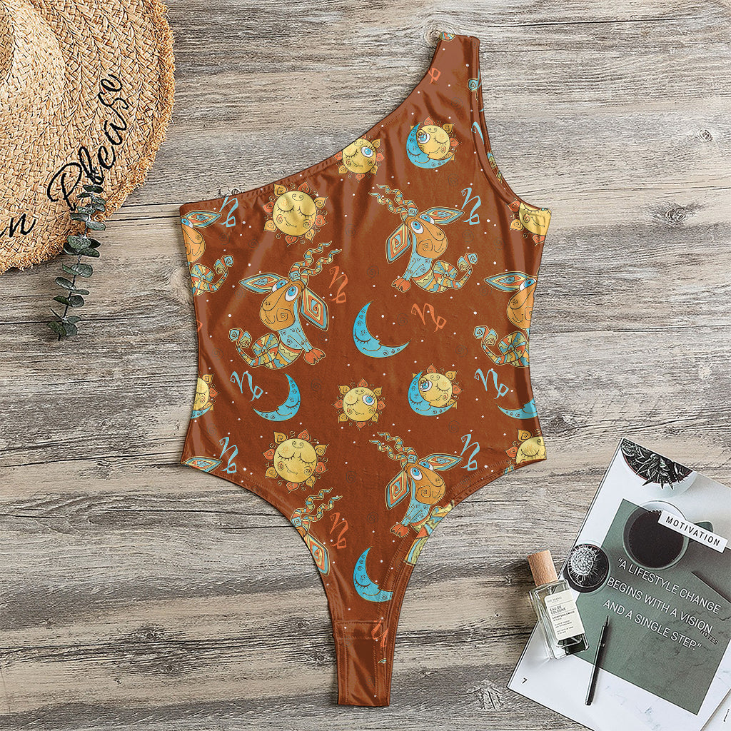 Cute Cartoon Capricorn Pattern Print One Shoulder Bodysuit