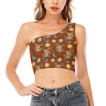 Cute Cartoon Capricorn Pattern Print One Shoulder Crop Top