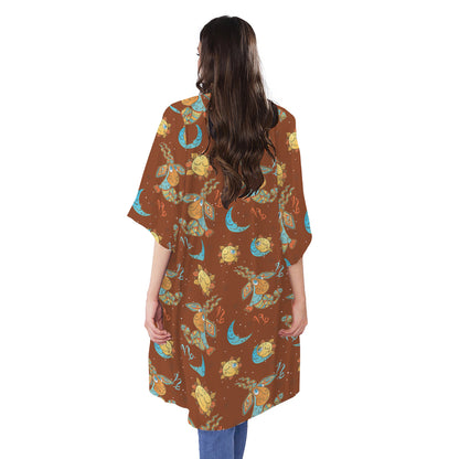 Cute Cartoon Capricorn Pattern Print Open Front Beach Cover Up