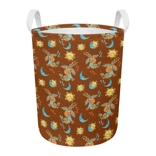 Cute Cartoon Capricorn Pattern Print Round Laundry Basket