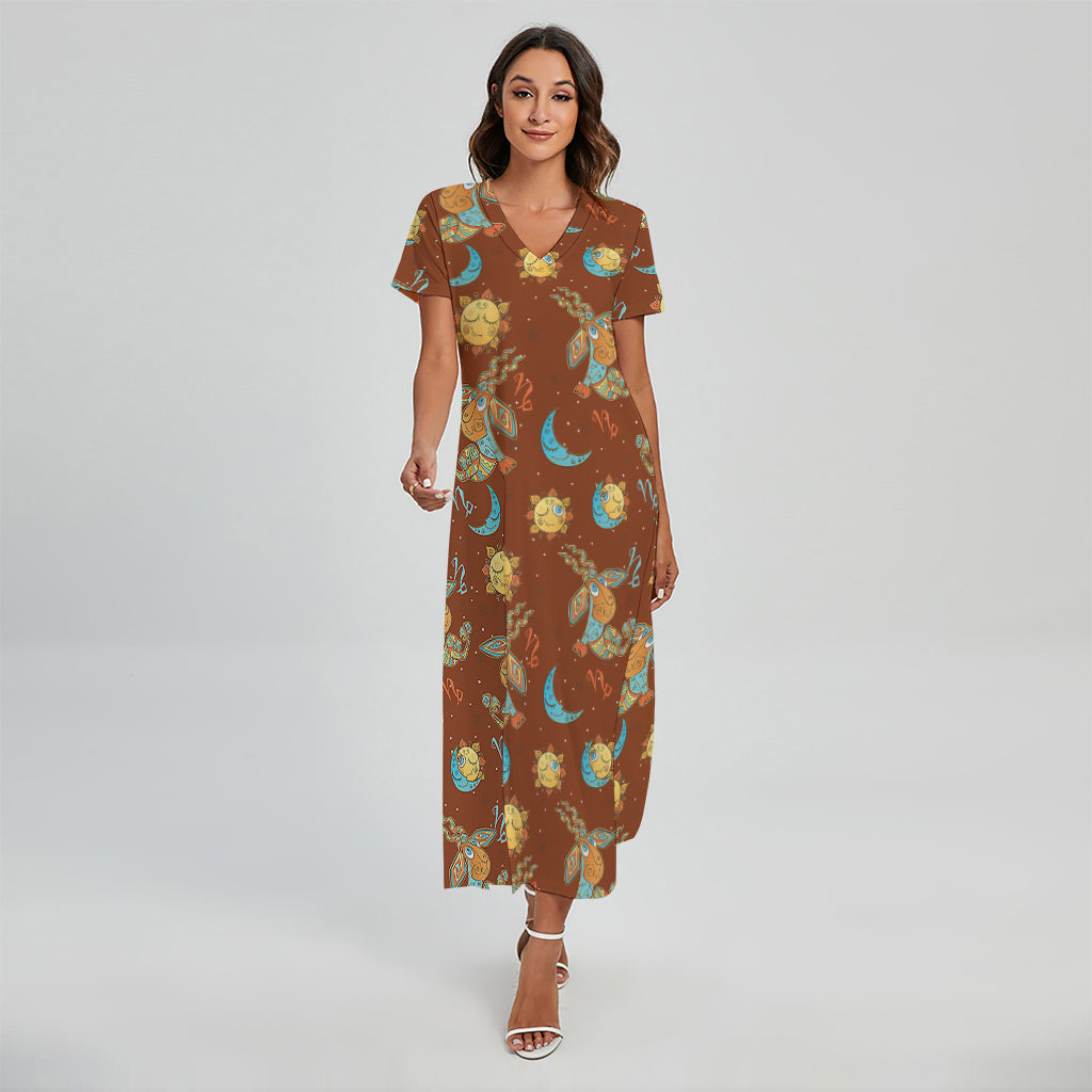 Cute Cartoon Capricorn Pattern Print Short Sleeve Maxi Dress