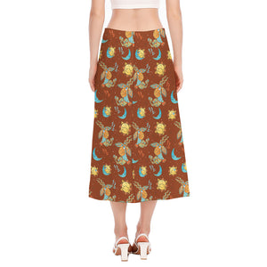 Cute Cartoon Capricorn Pattern Print Side Slit Midi Skirt