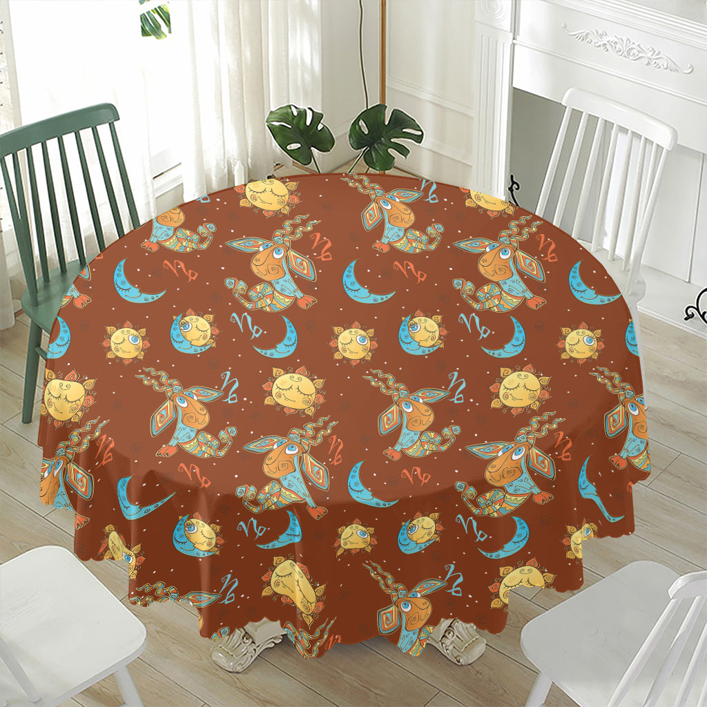 Cute Cartoon Capricorn Pattern Print Waterproof Round Tablecloth