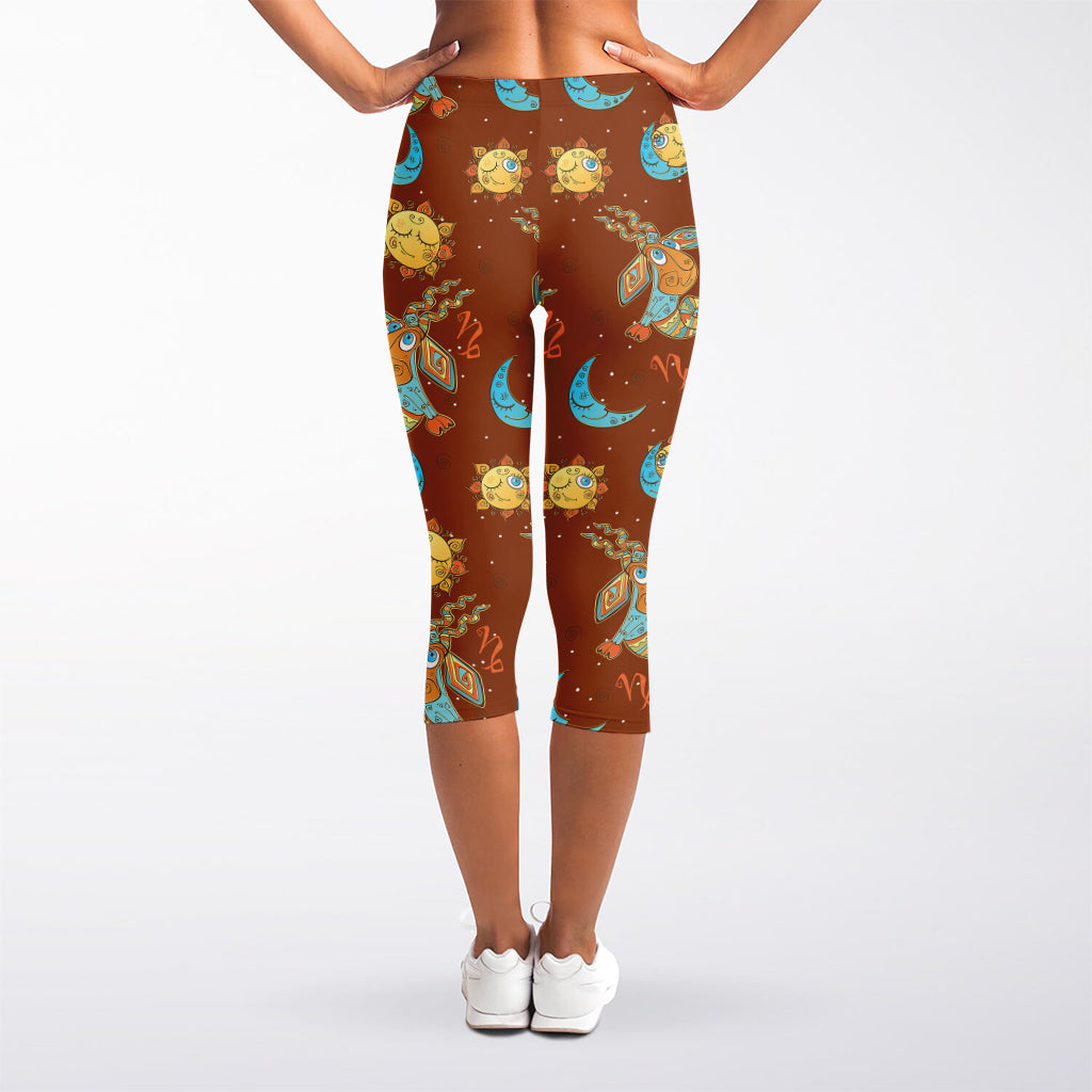 Cute Cartoon Capricorn Pattern Print Women's Capri Leggings