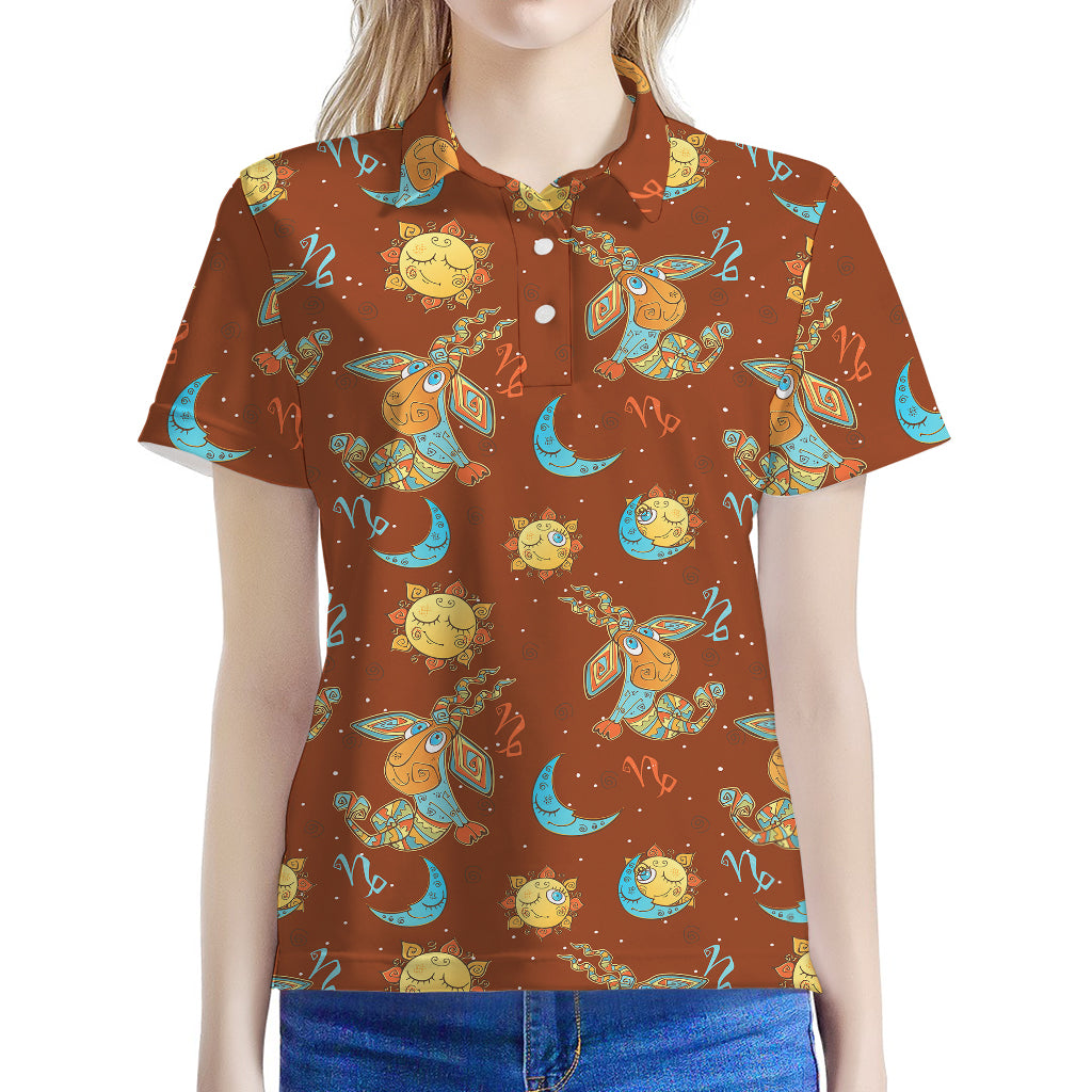 Cute Cartoon Capricorn Pattern Print Women's Polo Shirt
