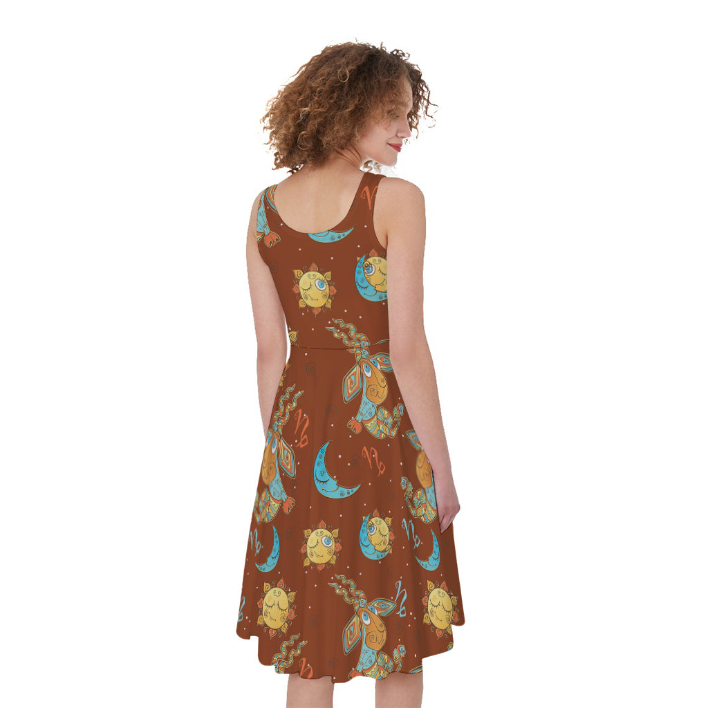Cute Cartoon Capricorn Pattern Print Women's Sleeveless Dress