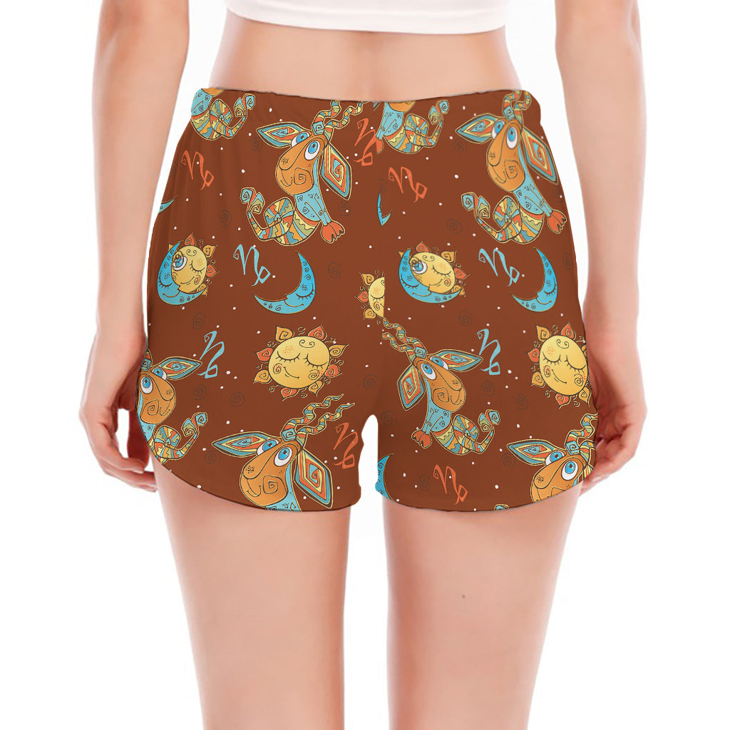 Cute Cartoon Capricorn Pattern Print Women's Split Running Shorts