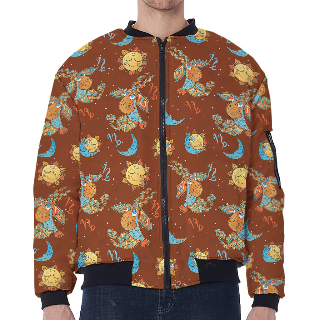 Cute Cartoon Capricorn Pattern Print Zip Sleeve Bomber Jacket