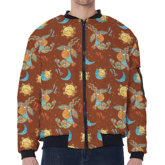 Cute Cartoon Capricorn Pattern Print Zip Sleeve Bomber Jacket